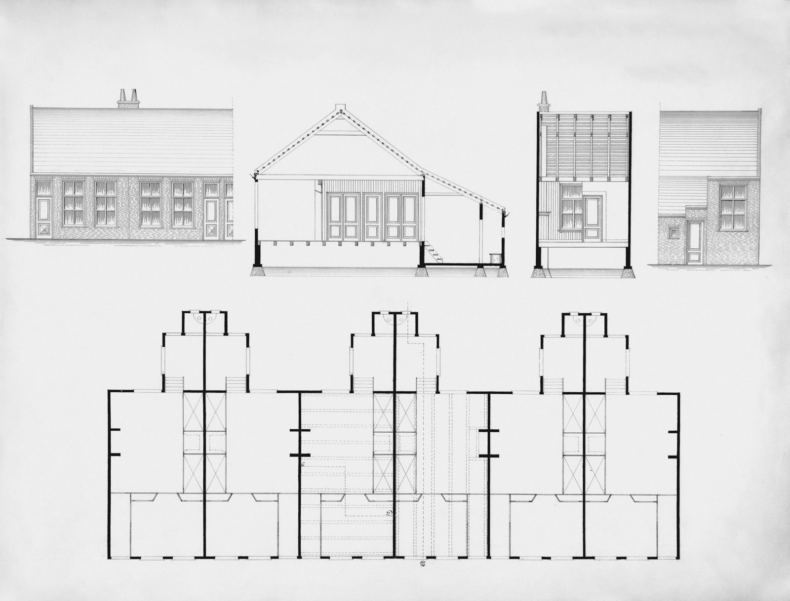 Historische Bauzeichnung mit Ansichten und Grundrissen